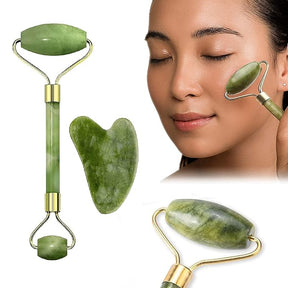 Marble Jade Roller Face Massager Double Rollers with Marble Antiaging Face Eye Neck Foot Massage Tool Stimulating Blood Flow Facial Roller (Dark Green with Stone