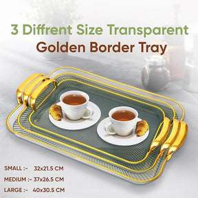 Plastic Serving Tray Set for Kitchen Rectangular Design with Golden Borders - Transparent offwhite andGreen - Set of 3 Sizes