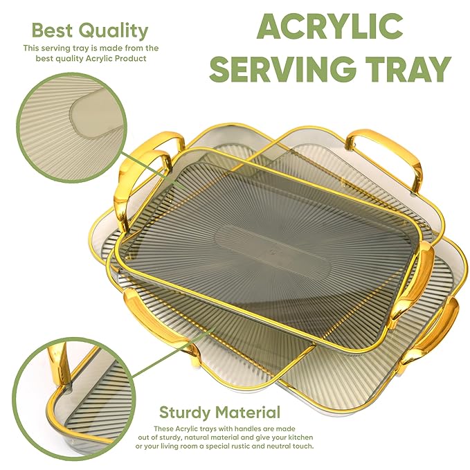 Plastic Serving Tray Set for Kitchen Rectangular Design with Golden Borders - Transparent offwhite andGreen - Set of 3 Sizes