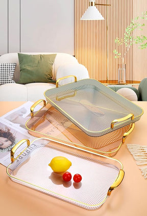 Plastic Serving Tray Set for Kitchen Rectangular Design with Golden Borders - Transparent offwhite andGreen - Set of 3 Sizes