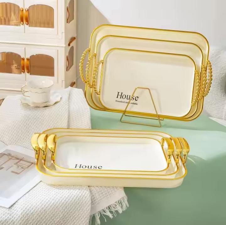 Plastic Serving Tray Set for Kitchen Rectangular Design with Golden Borders - Transparent offwhite andGreen - Set of 3 Sizes