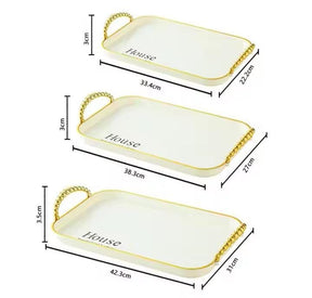 Plastic Serving Tray Set for Kitchen Rectangular Design with Golden Borders - Transparent offwhite andGreen - Set of 3 Sizes